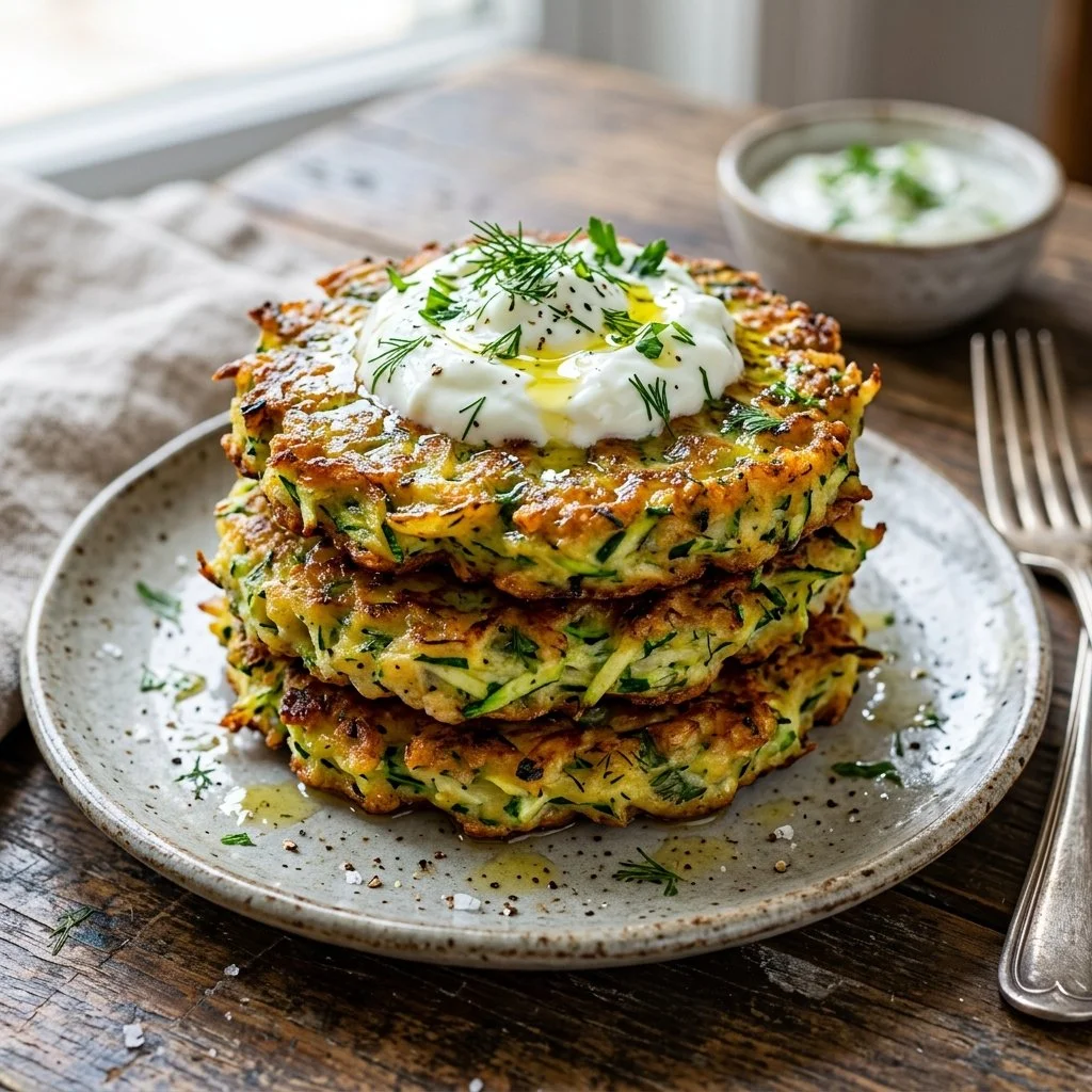Crispy homemade zucchini fritters served on a plate