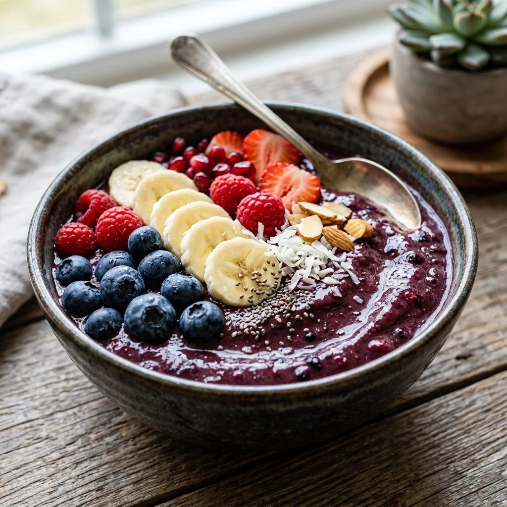 Colorful and nutritious Acai Bowl topped with fruits and granola.
