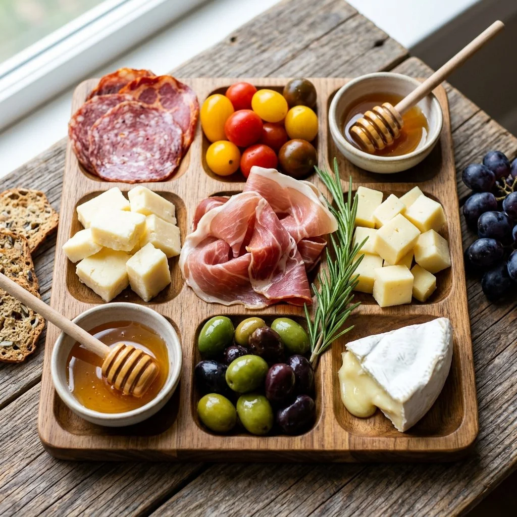 Variety of adult lunchables with cheeses, meats, and snacks