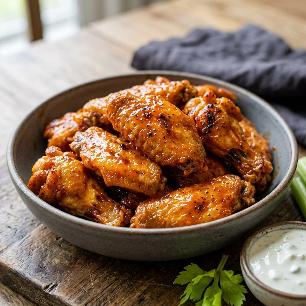 Crispy Air Fryer Buffalo Wings served with dipping sauce