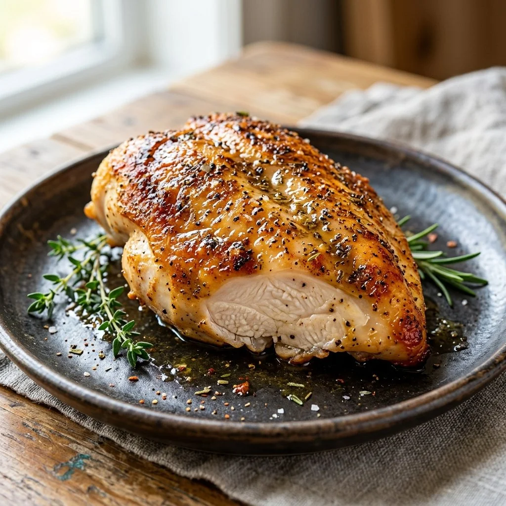 Juicy air fryer chicken breast on a plate with herbs and spices.