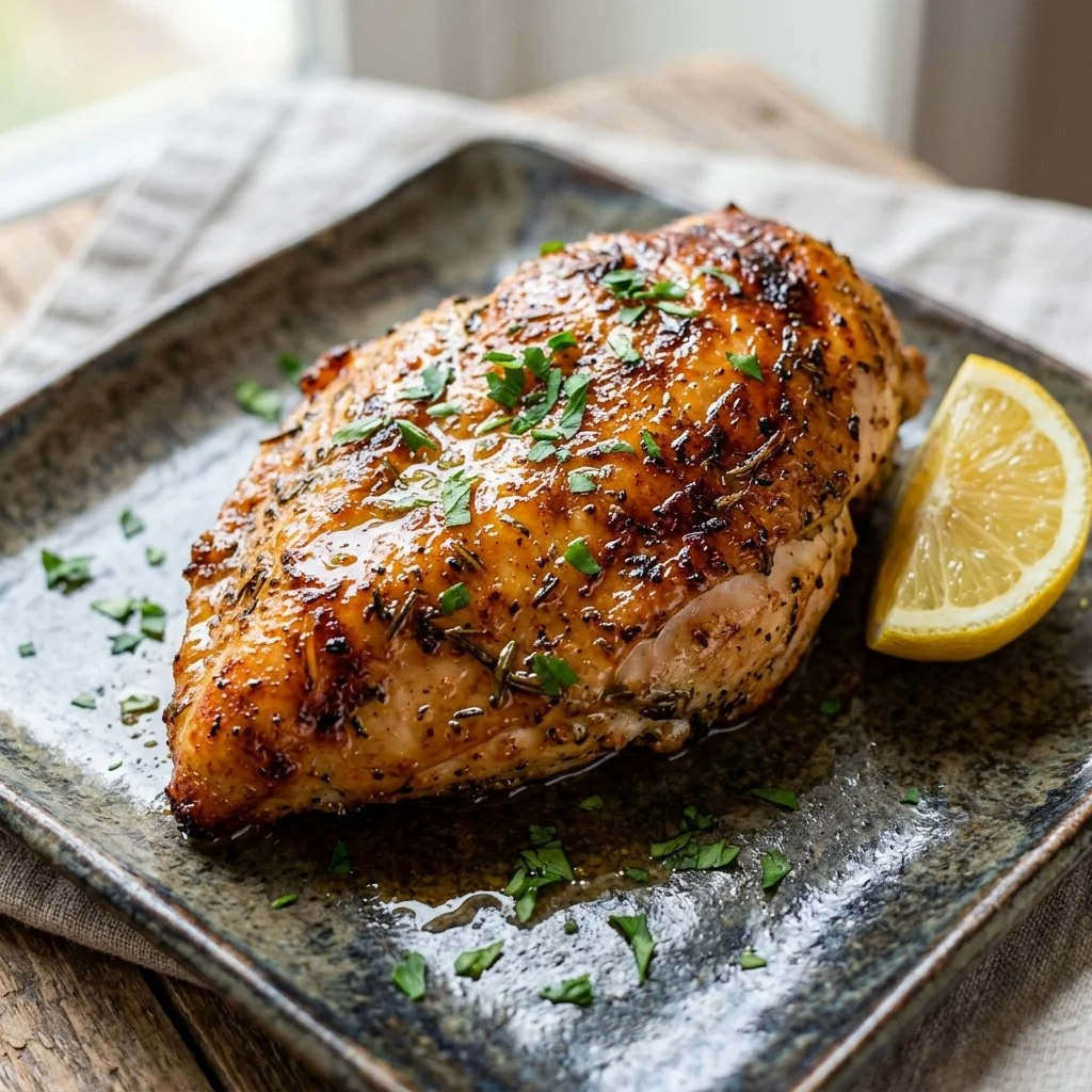 Juicy Air Fryer Chicken Breast served with vegetables on a plate