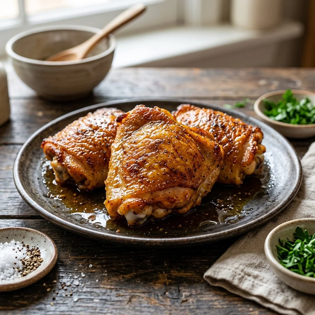Crispy air fryer chicken thighs served on a plate with herbs