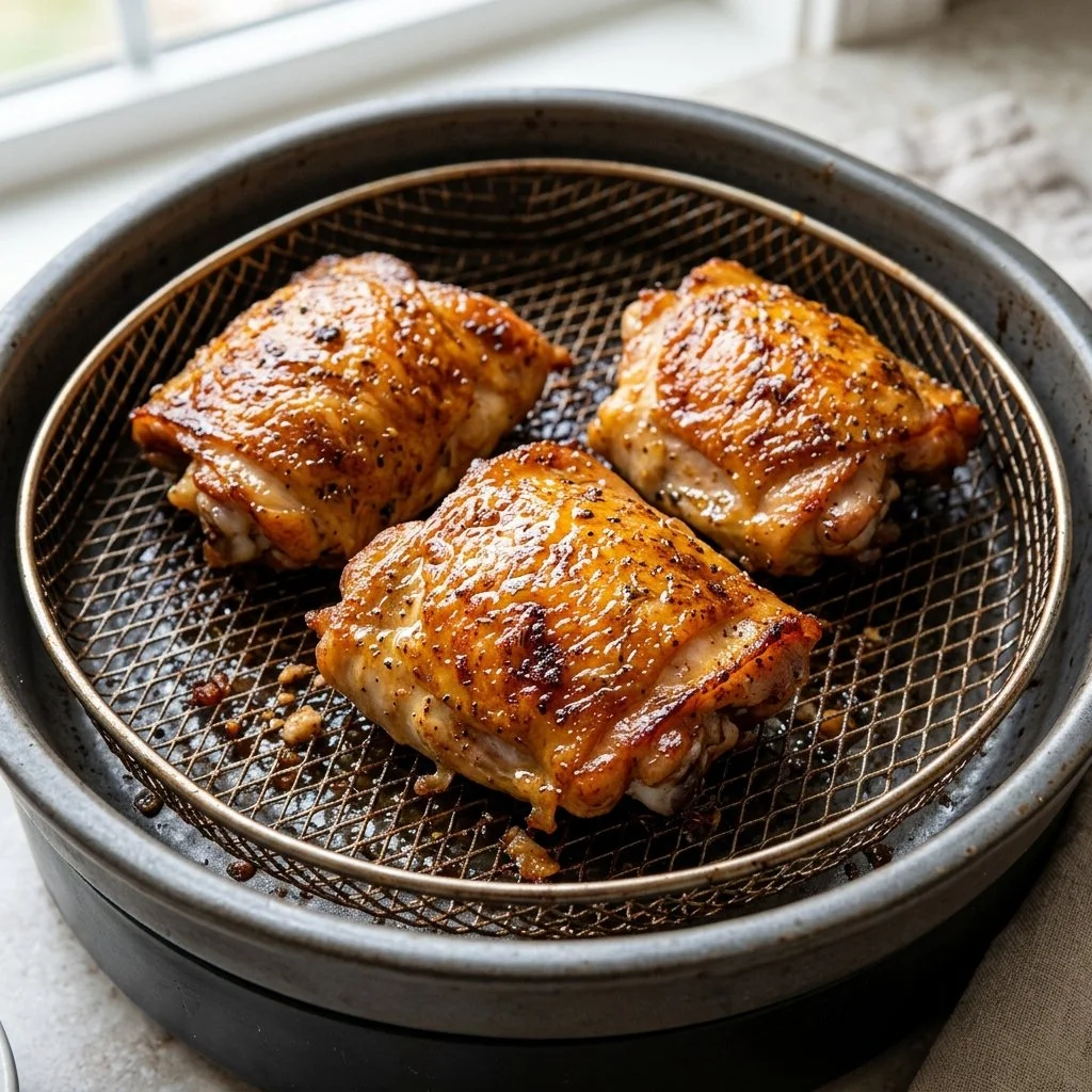 Crispy Air Fryer Chicken Thighs served on a plate with herbs and spices