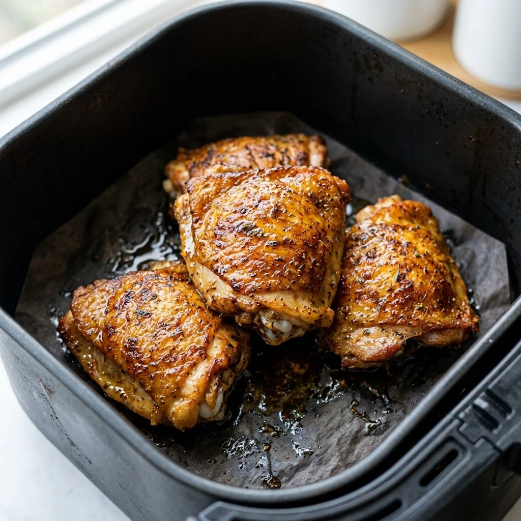 Crispy and juicy air fryer chicken thighs served on a plate