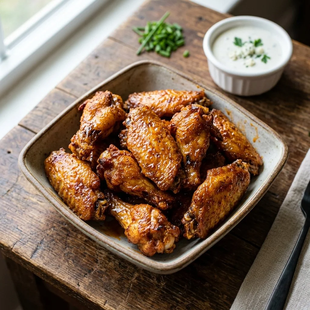 Crispy air fryer chicken wings served with dipping sauce