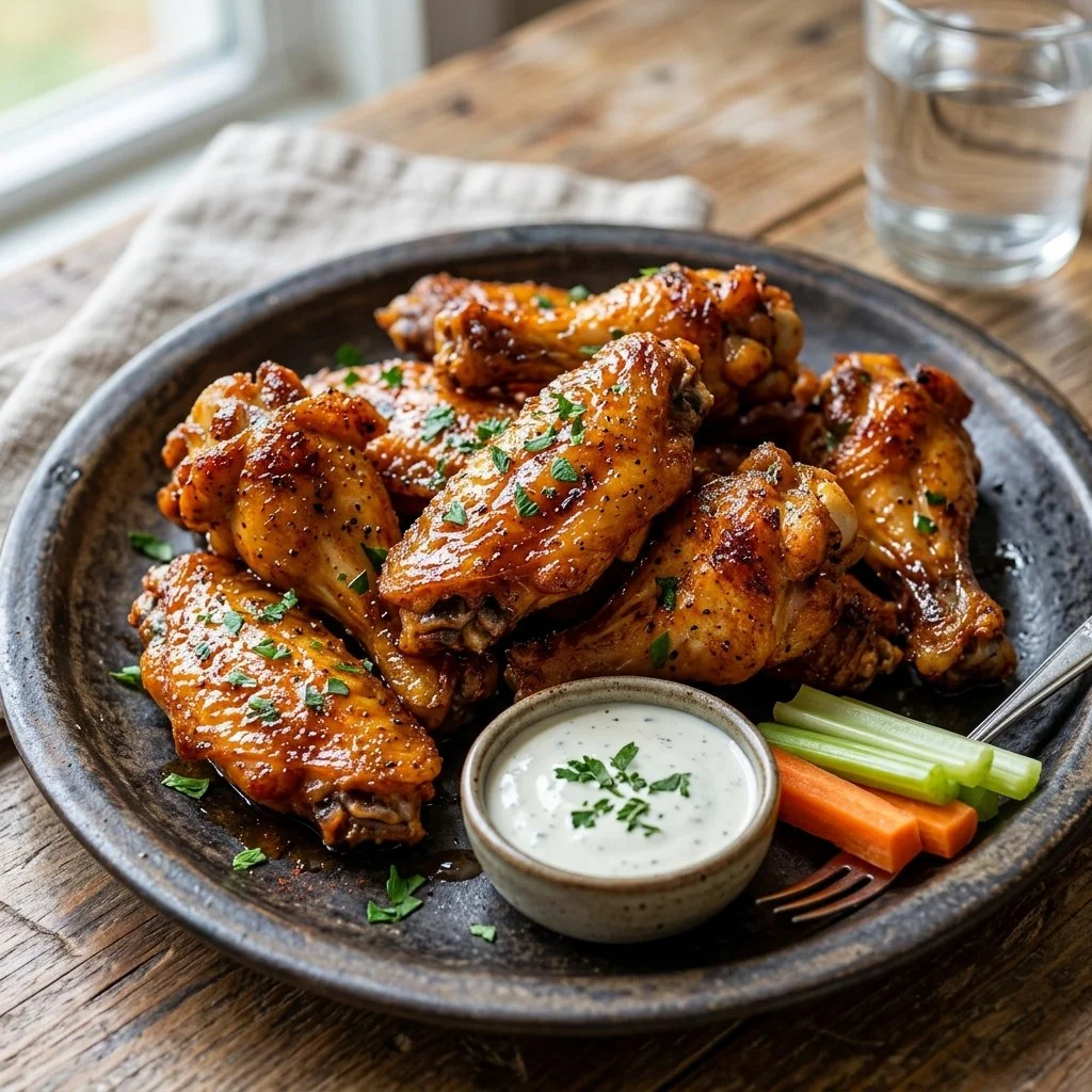 Crispy air fryer chicken wings served with dipping sauce