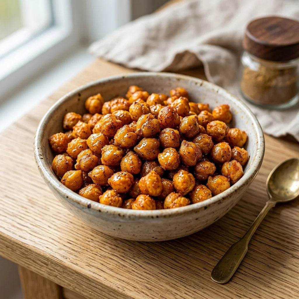 Crispy air fryer chickpeas served in a bowl with spices.
