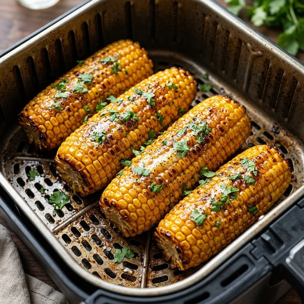 Air fryer corn on the cob with butter and seasoning served on a plate