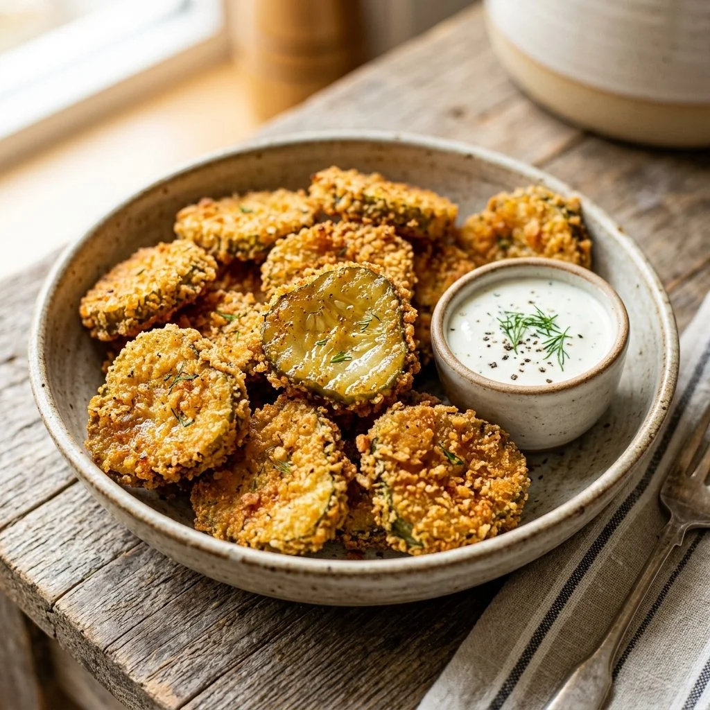 Crispy air fryer fried pickles on a plate with dipping sauce