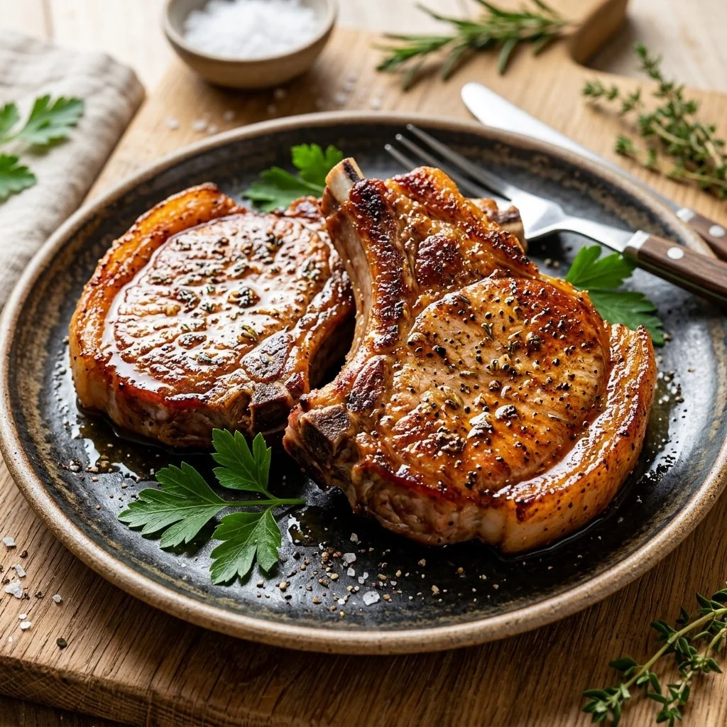 Deliciously cooked air fryer pork chops served on a plate with herbs.