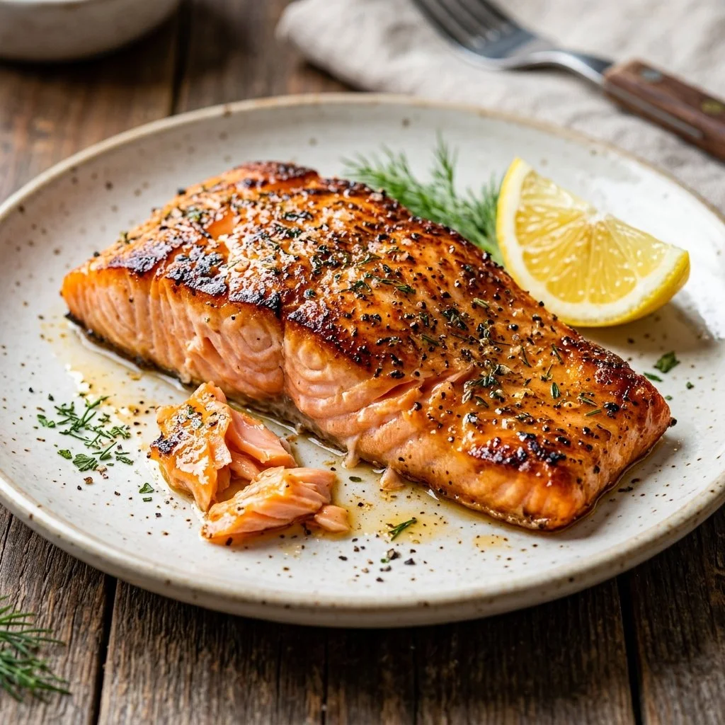Air fryer salmon recipe served with vegetables on a plate