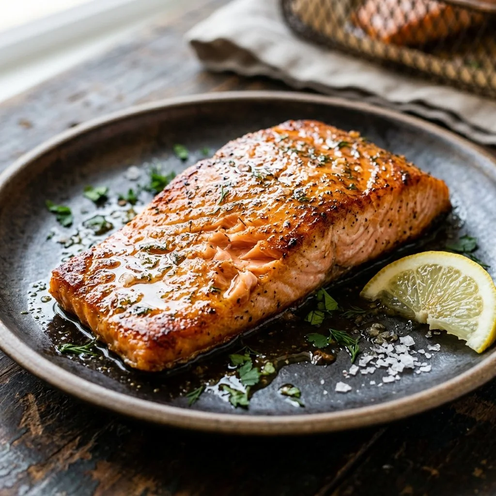 Air fryer salmon served with lemon and herbs, cooked to perfection.