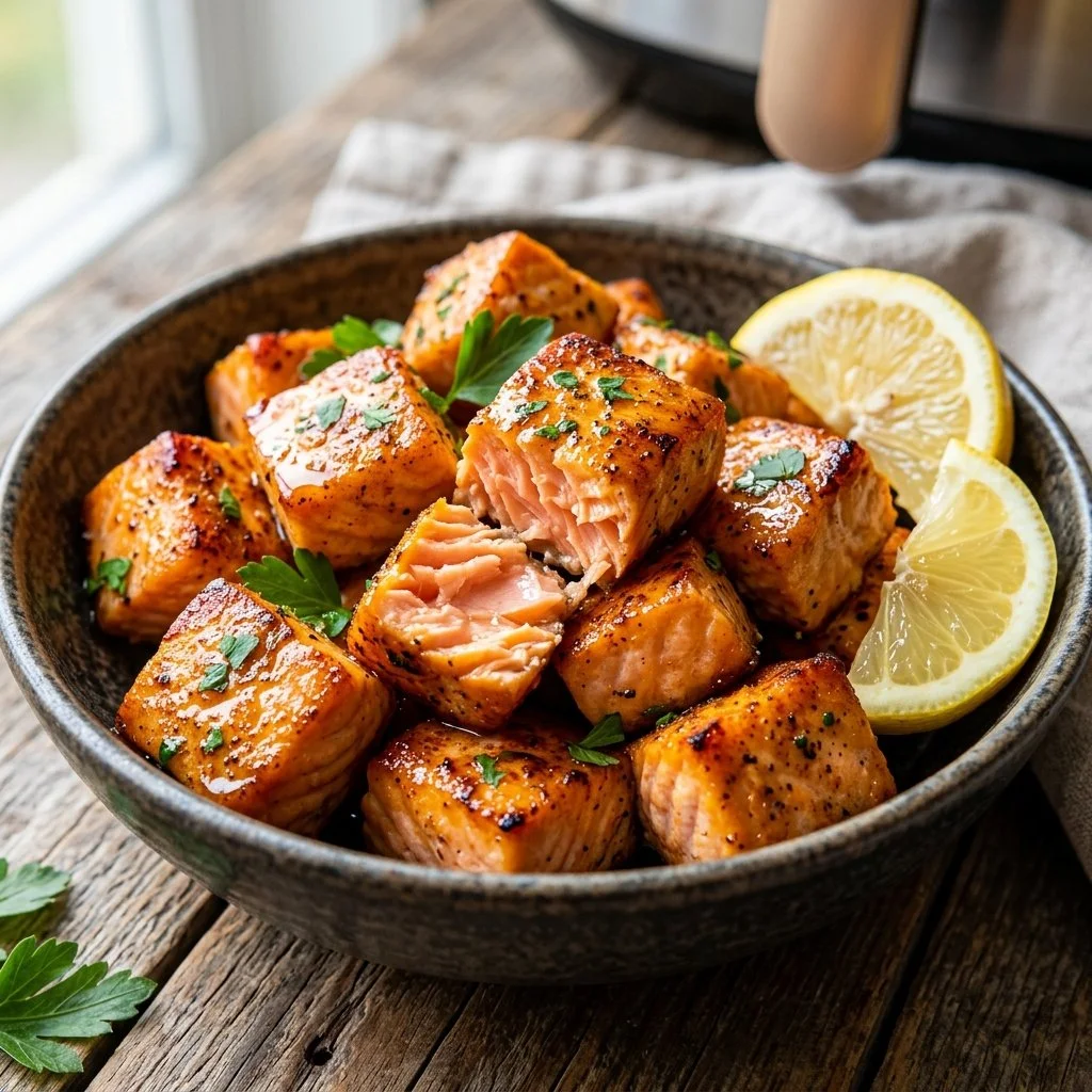 Air fryer salmon bites served on a plate with lemon wedges and herbs