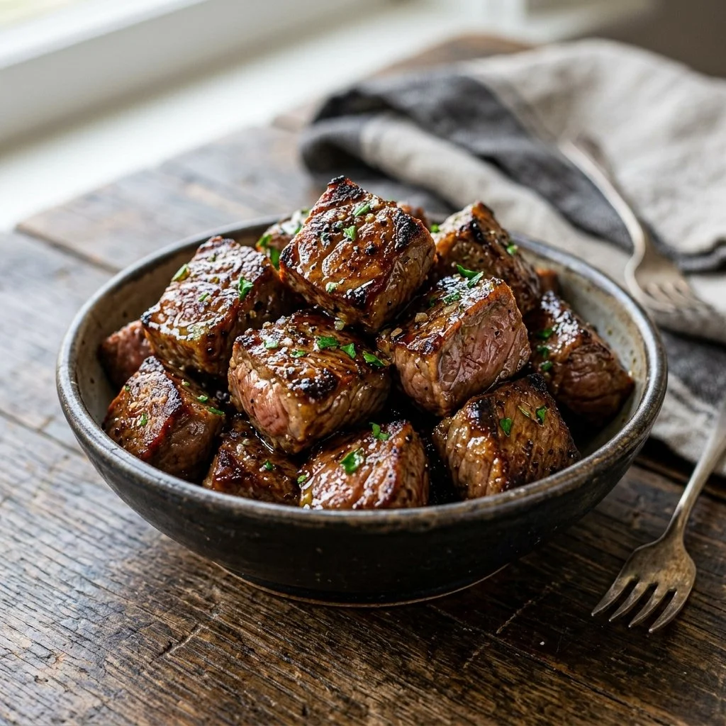 Delicious air fryer steak bites served on a plate