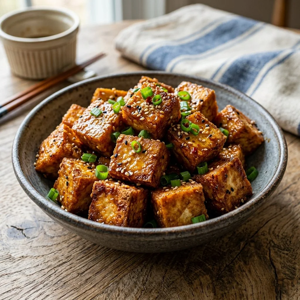 Crispy air fryer tofu served on a plate with sauce and vegetables