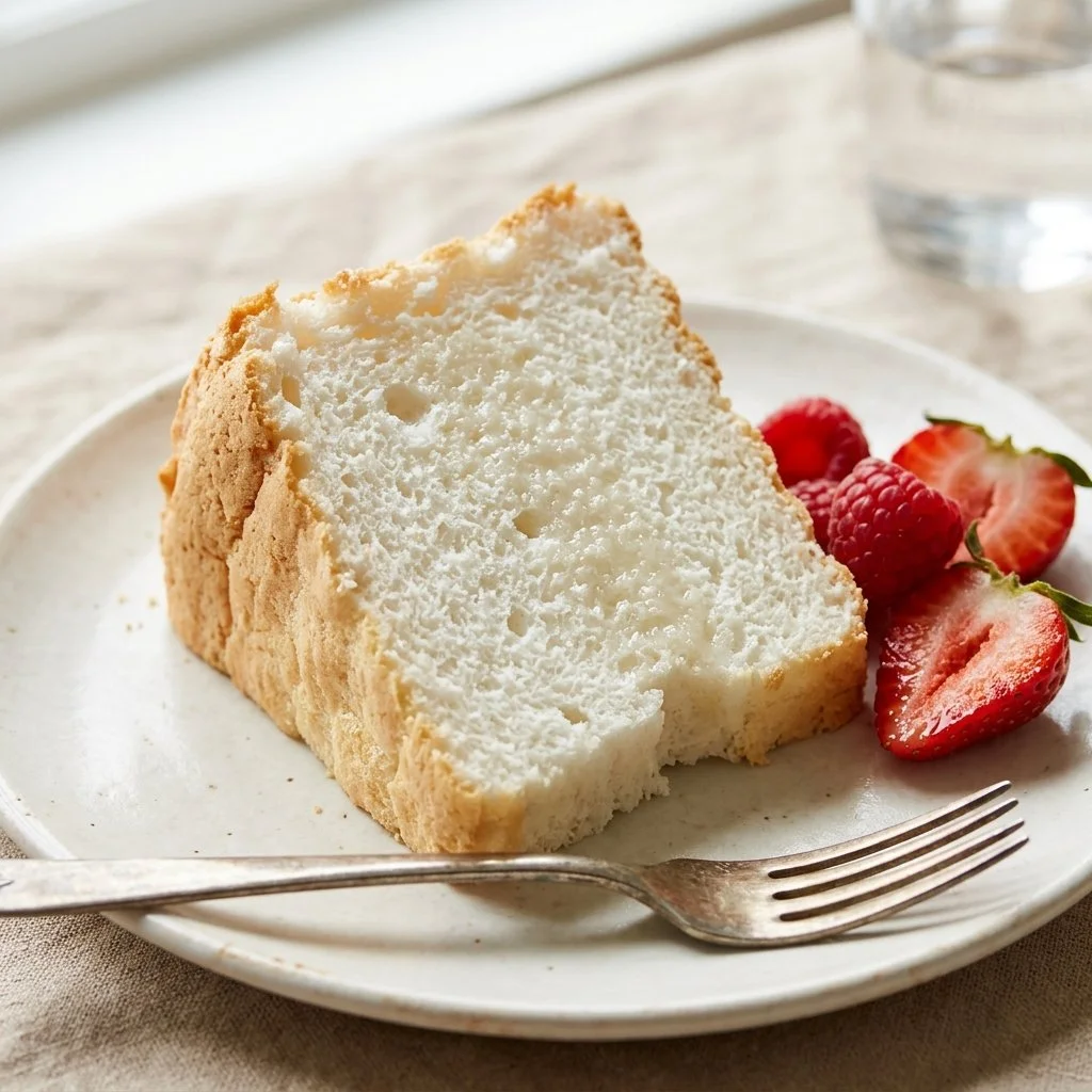 Delicious homemade Angel Food Cake with fluffy texture and whipped topping.