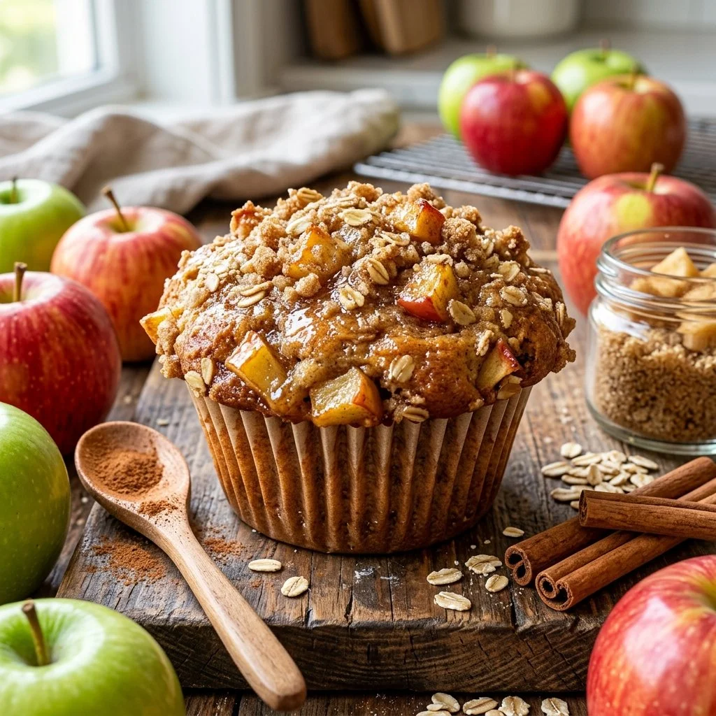 Freshly baked apple cinnamon muffins on a rustic wooden table