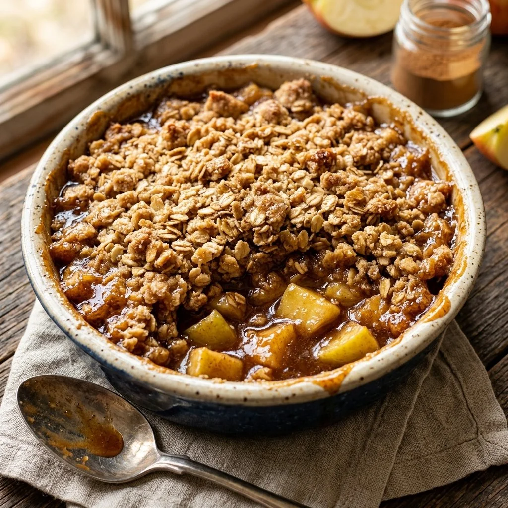 Delicious homemade Apple Crisp topped with a crumble, served in a bowl