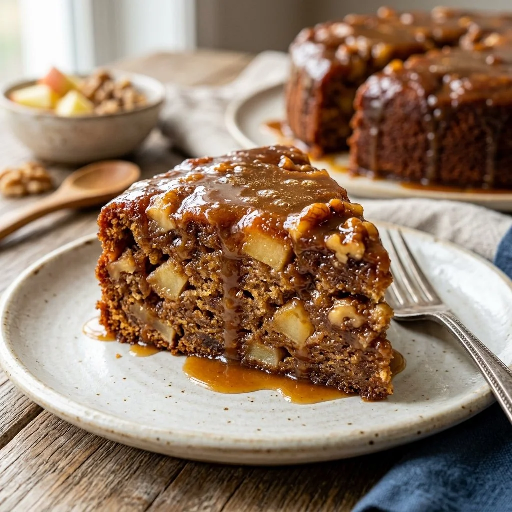 Delicious homemade Apple Dapple Cake with apples and pecans
