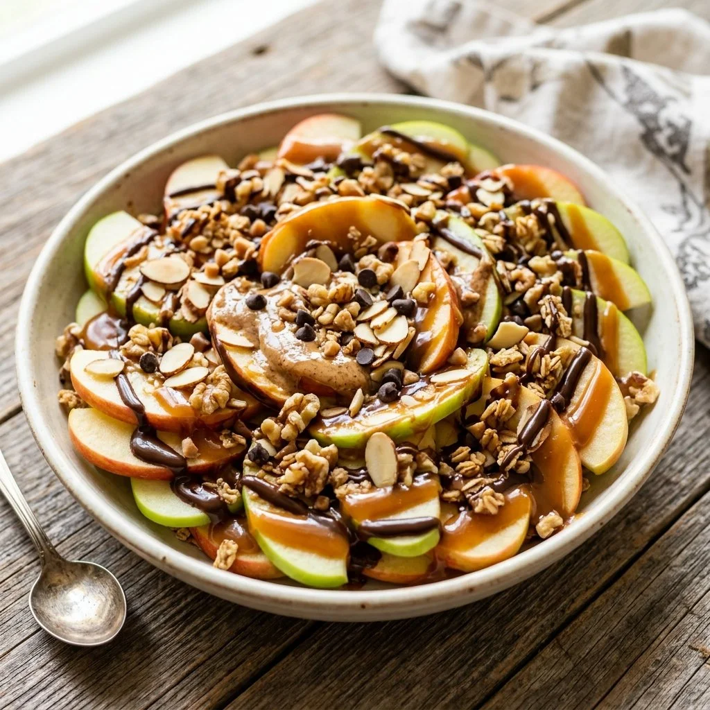 Delicious Apple Nachos topped with caramel and nuts on a plate