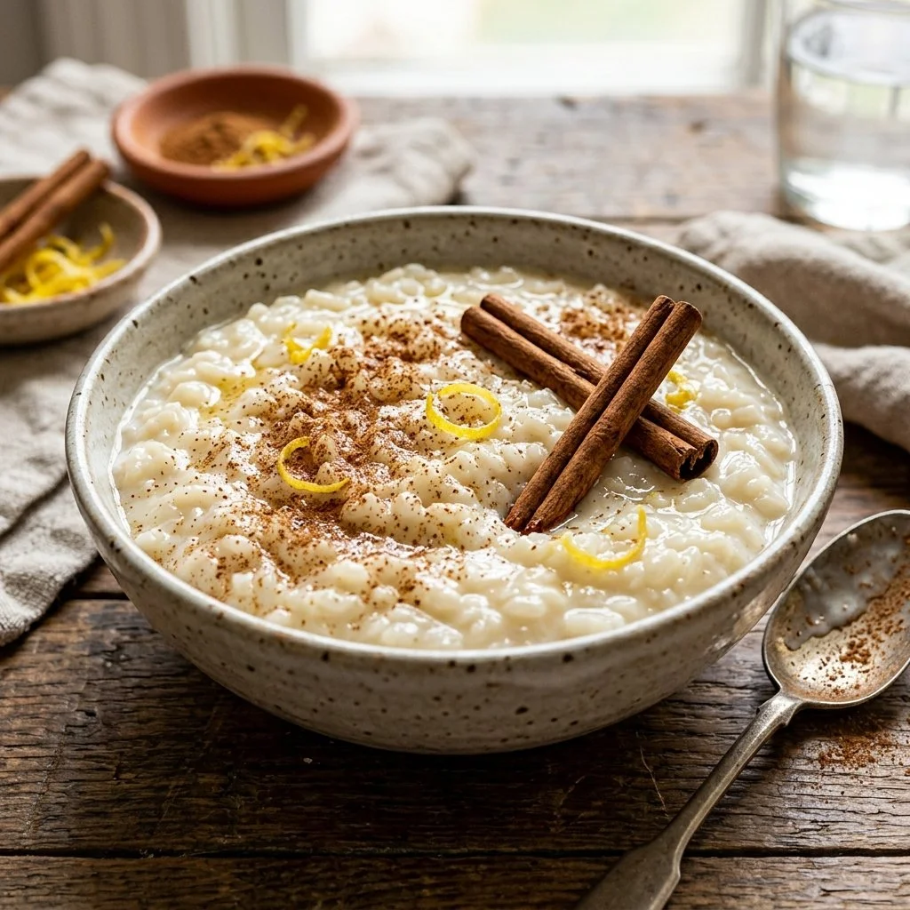 A bowl of creamy arroz con leche, topped with cinnamon and raisins.