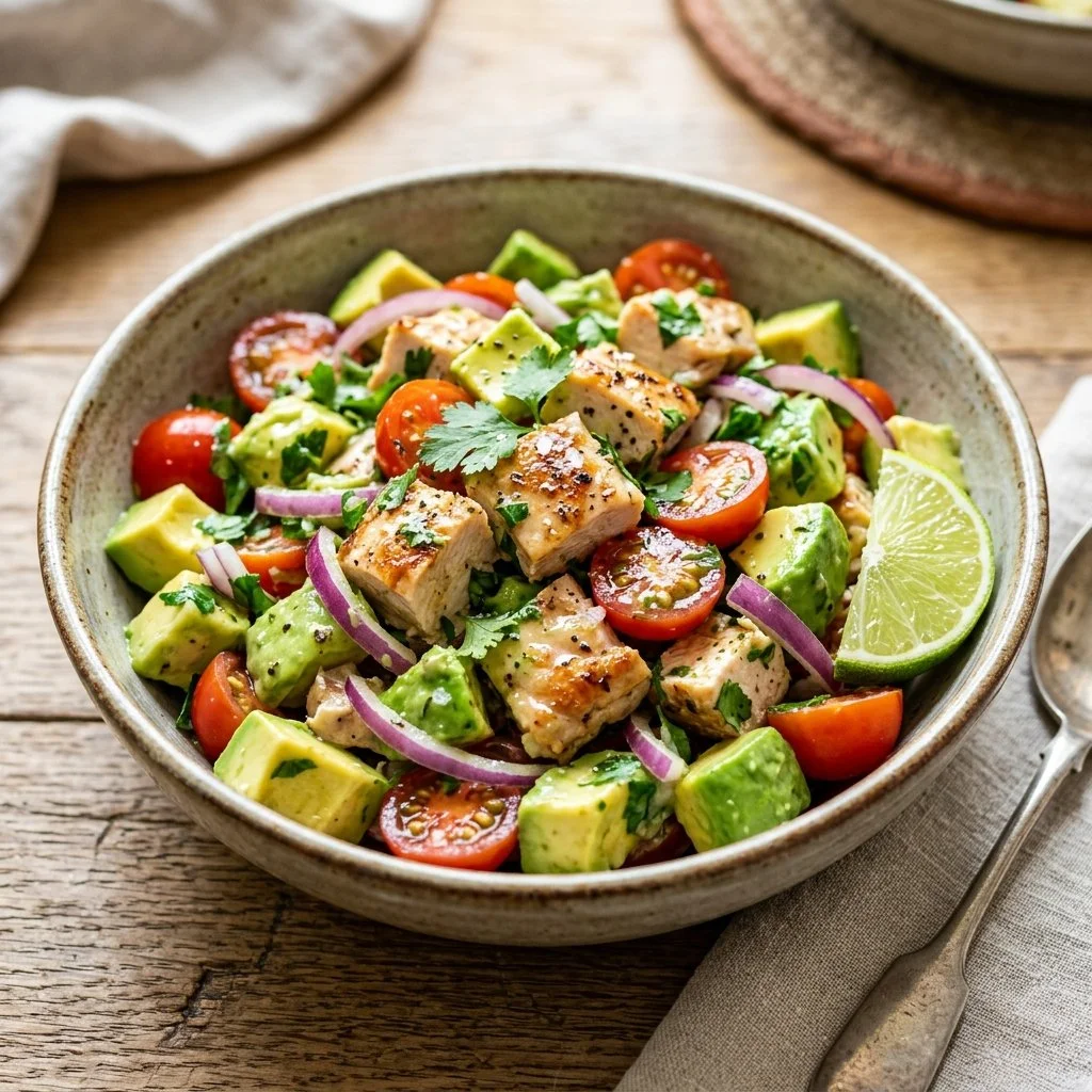 Creamy Avocado Chicken Salad served in a bowl with fresh parsley garnish