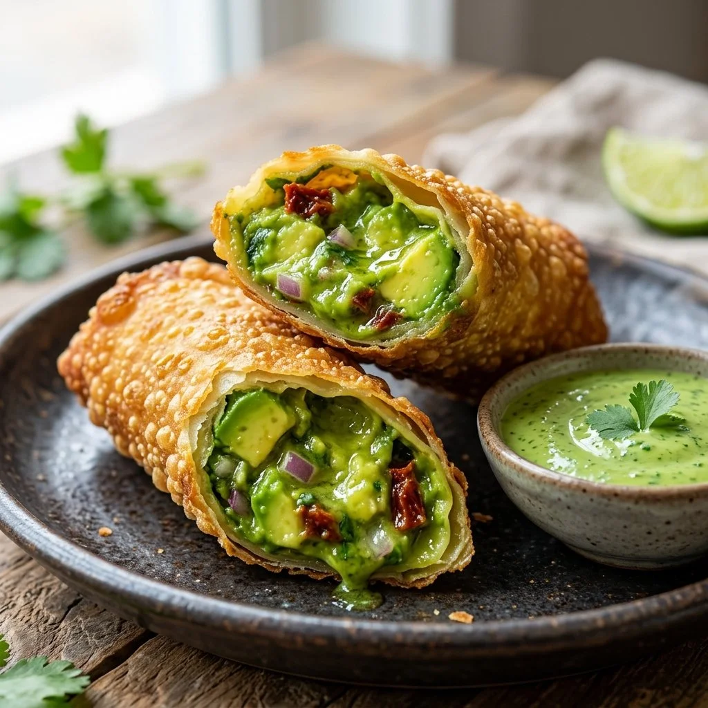 Crispy avocado egg rolls served with a dipping sauce on a plate