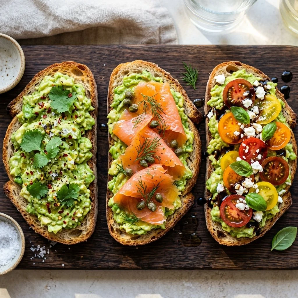 Delicious avocado toast variations with toppings for breakfast and brunch.