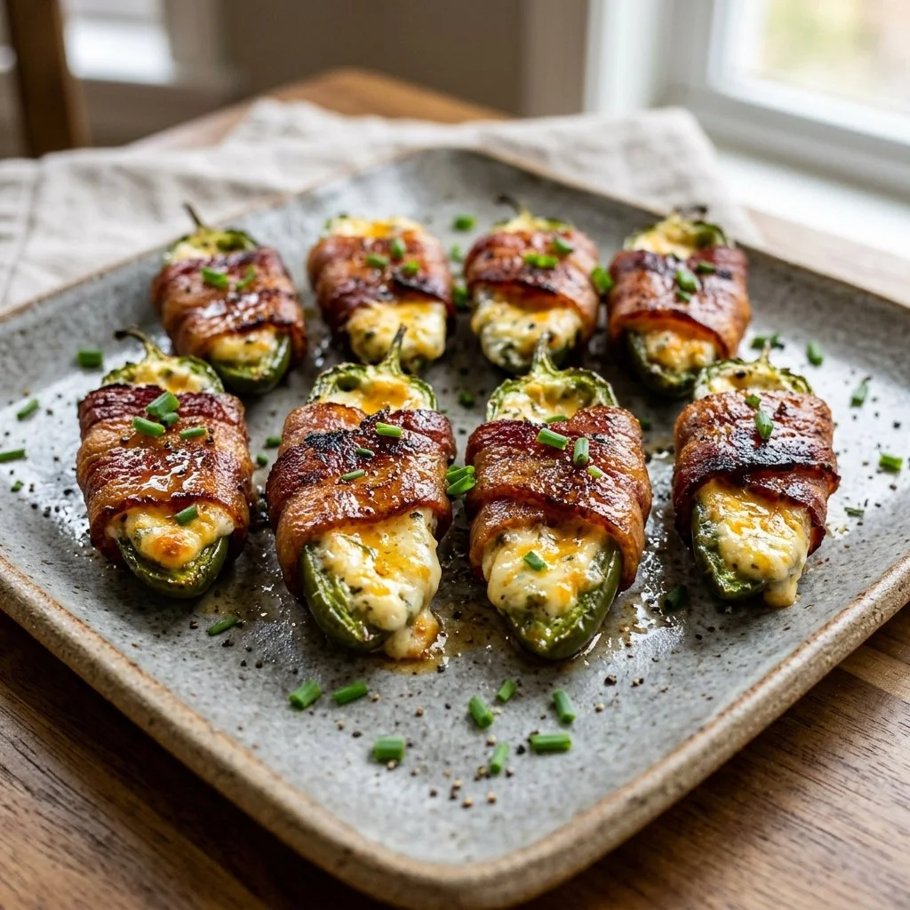 Delicious bacon-wrapped jalapenos on a platter, ready to be served.