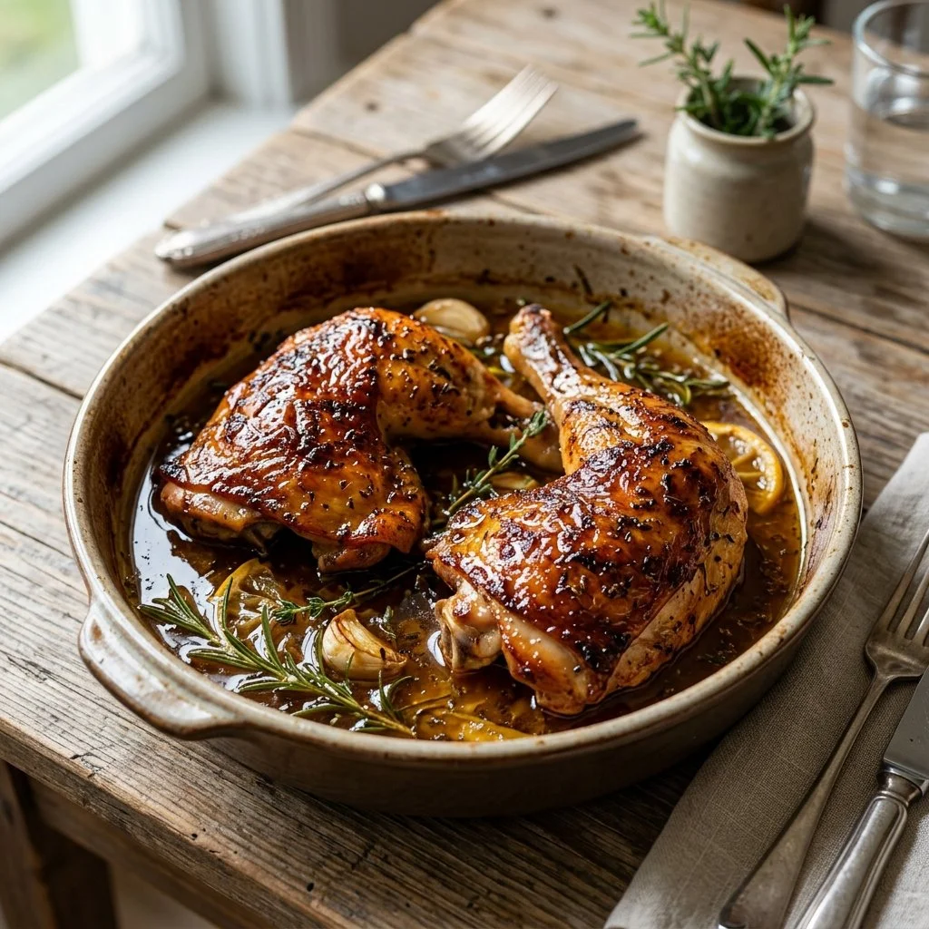 Juicy baked chicken thighs garnished with herbs on a plate.