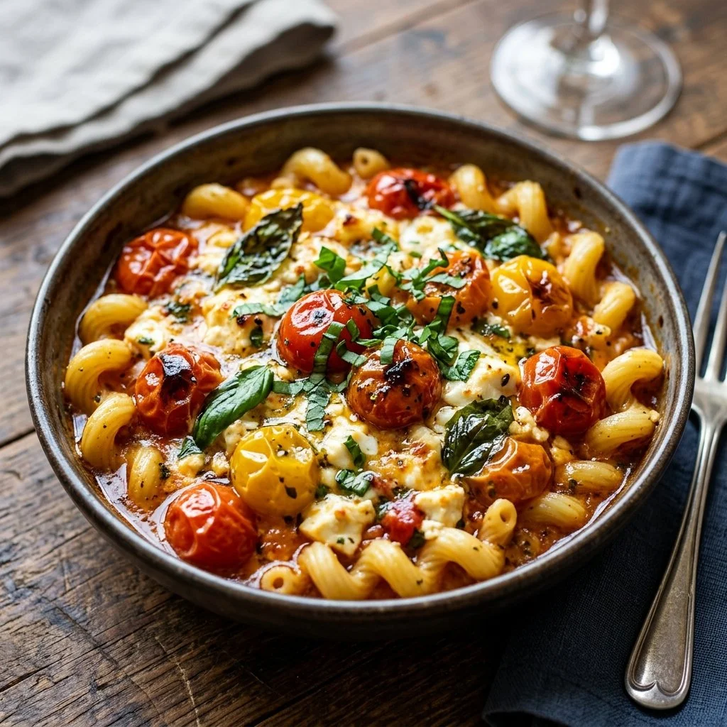 Baked feta pasta topped with fresh herbs and served in a bowl.