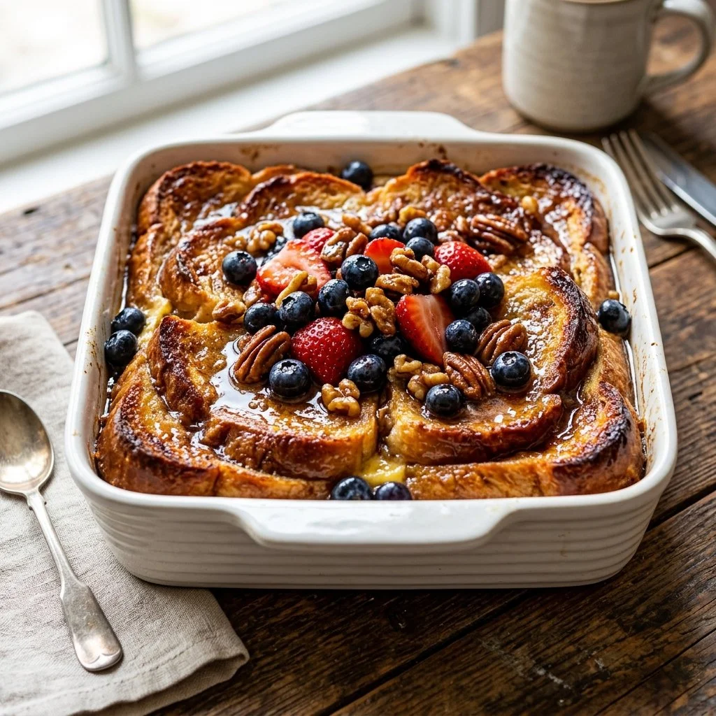 Delicious Baked French Toast topped with syrup and fresh fruits in a serving dish