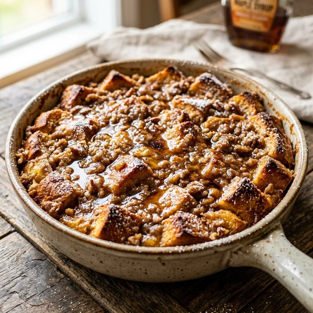 Delicious Baked French Toast Casserole topped with fruit and syrup