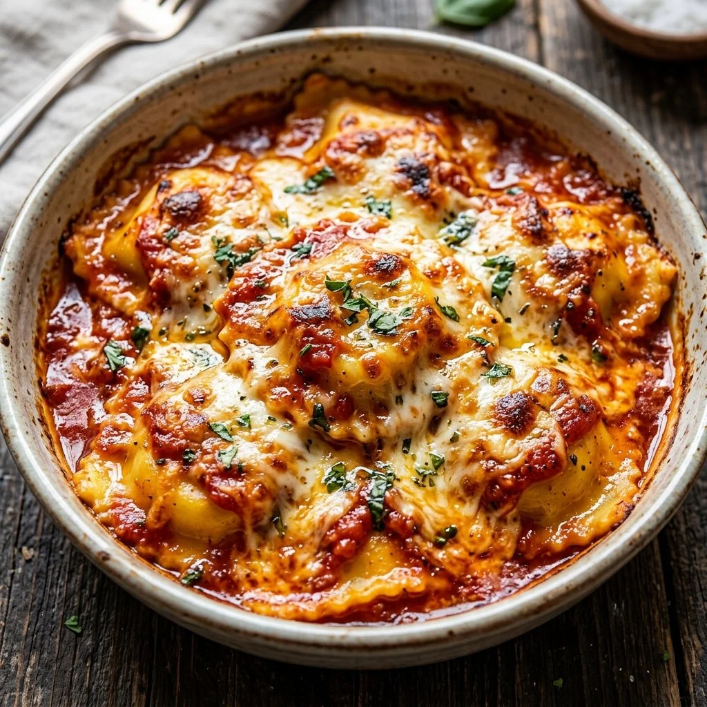 Delicious baked ravioli topped with cheese and sauce, ready to serve.