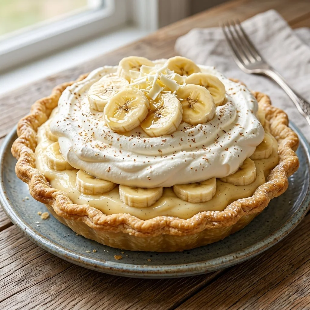 Delicious homemade Banana Cream Pie topped with whipped cream and fresh bananas.
