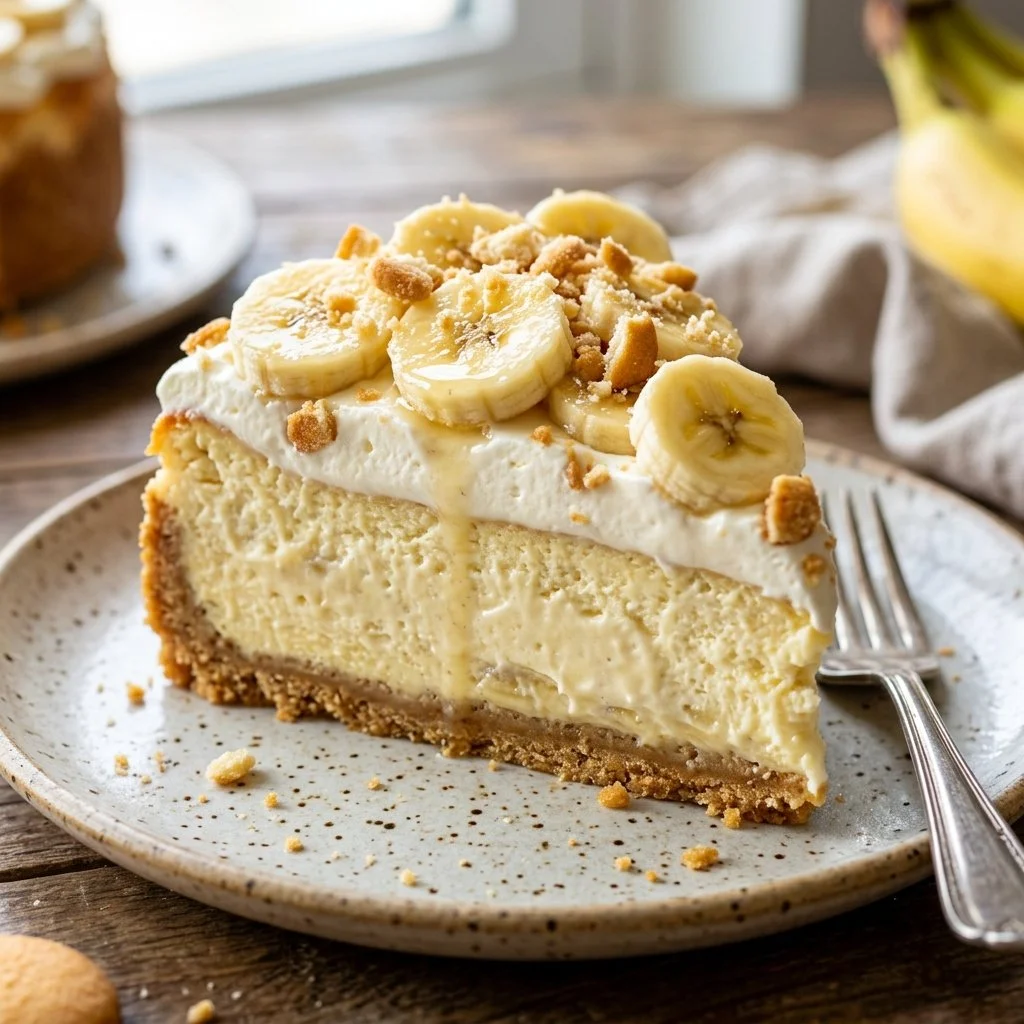 Delicious banana pudding cheesecake with banana slices and whipped cream