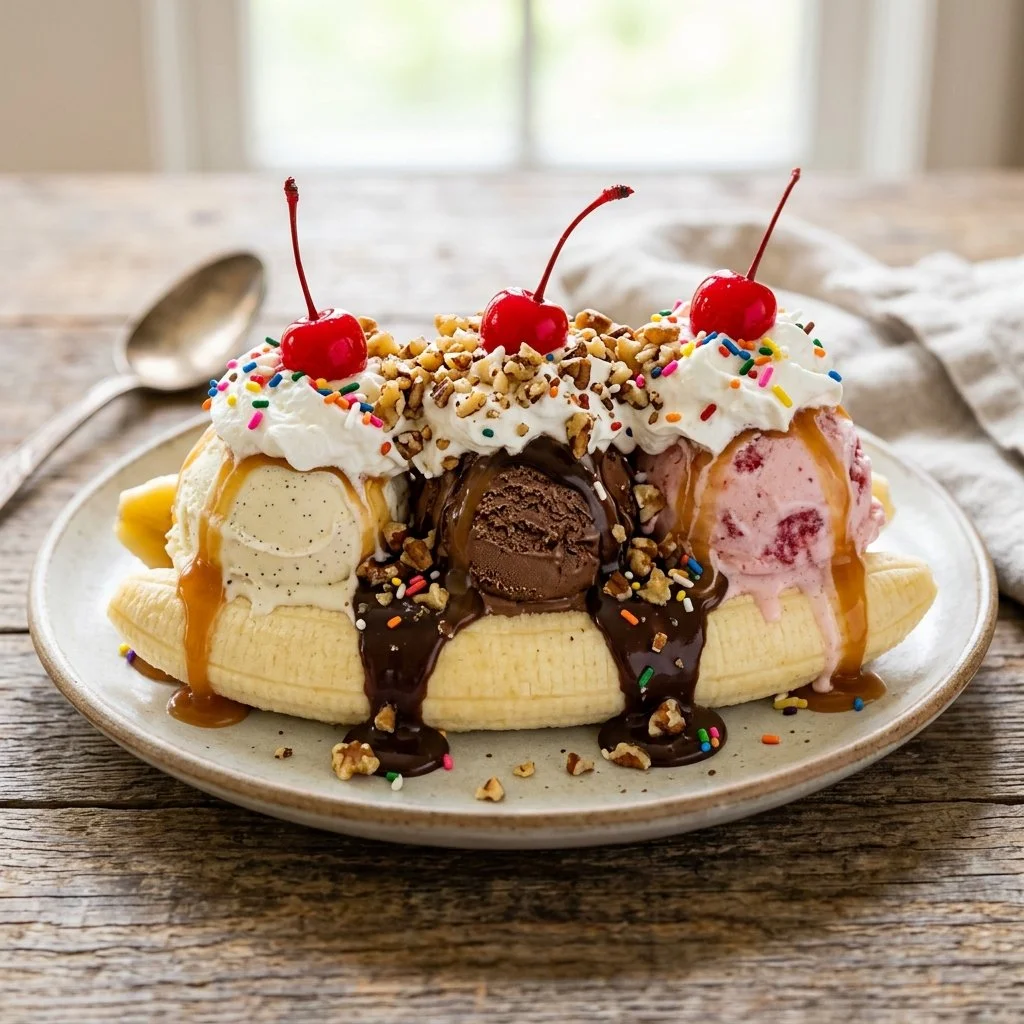 Delicious banana split bar with customizable toppings and flavors