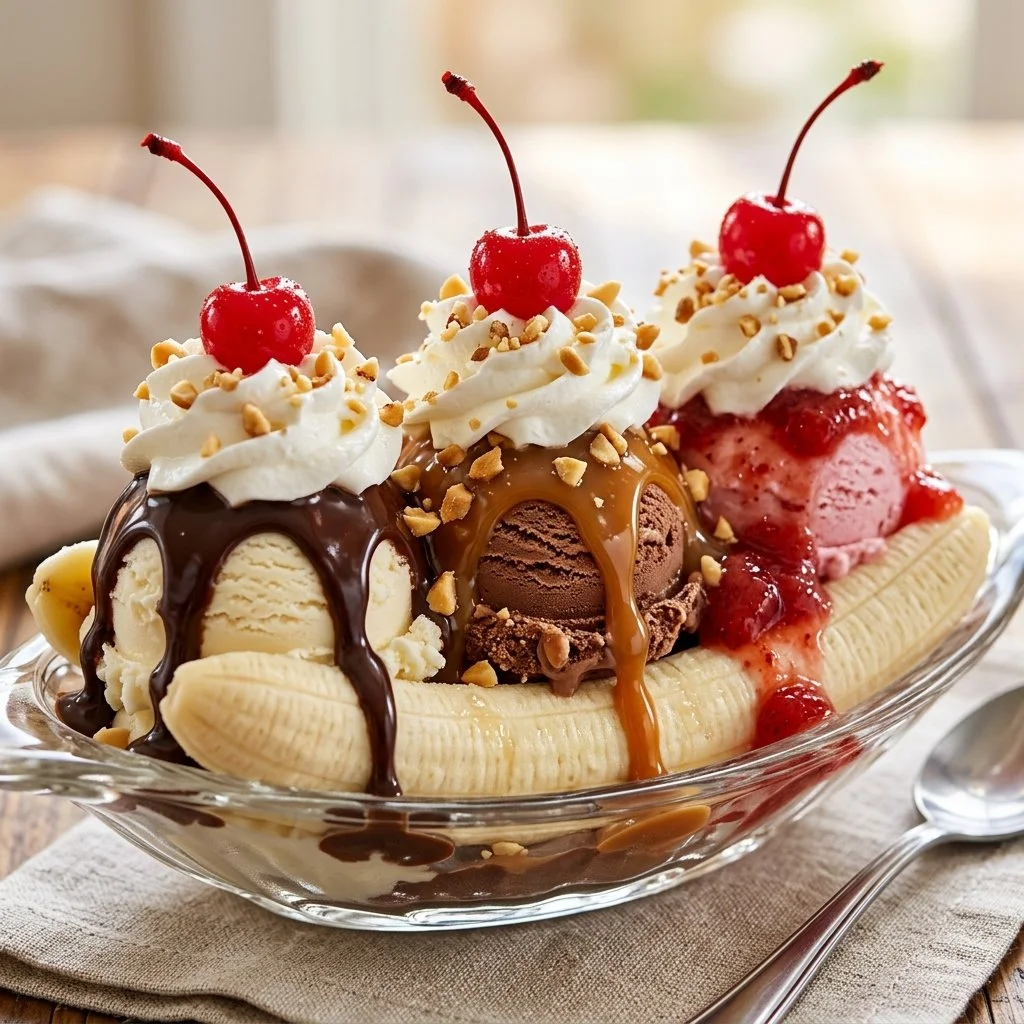Delicious homemade banana split dessert with ice cream, banana, and toppings