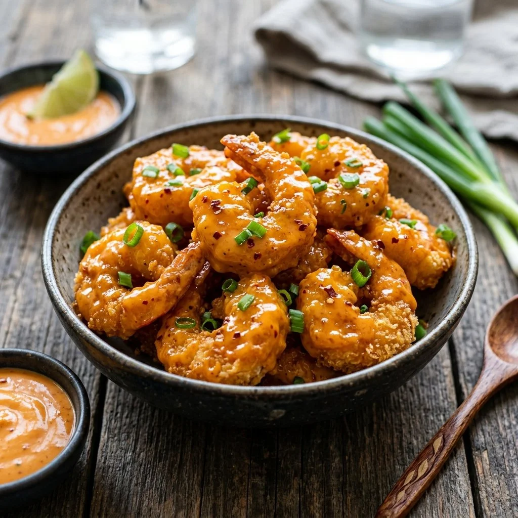 Delicious Bang Bang Shrimp served with a spicy sauce and garnished for presentation