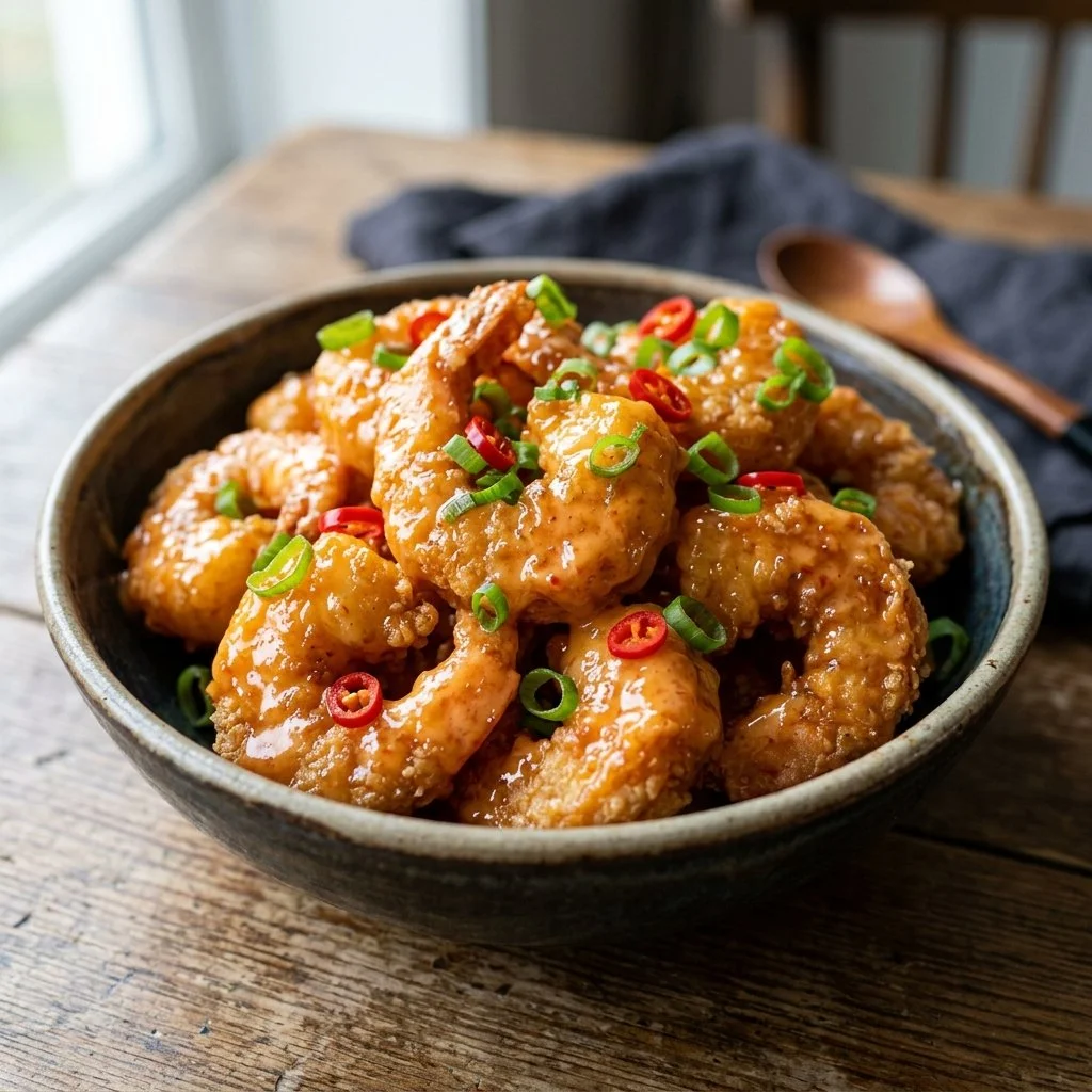 Plate of crispy Bang Bang Shrimp garnished with sauce and herbs