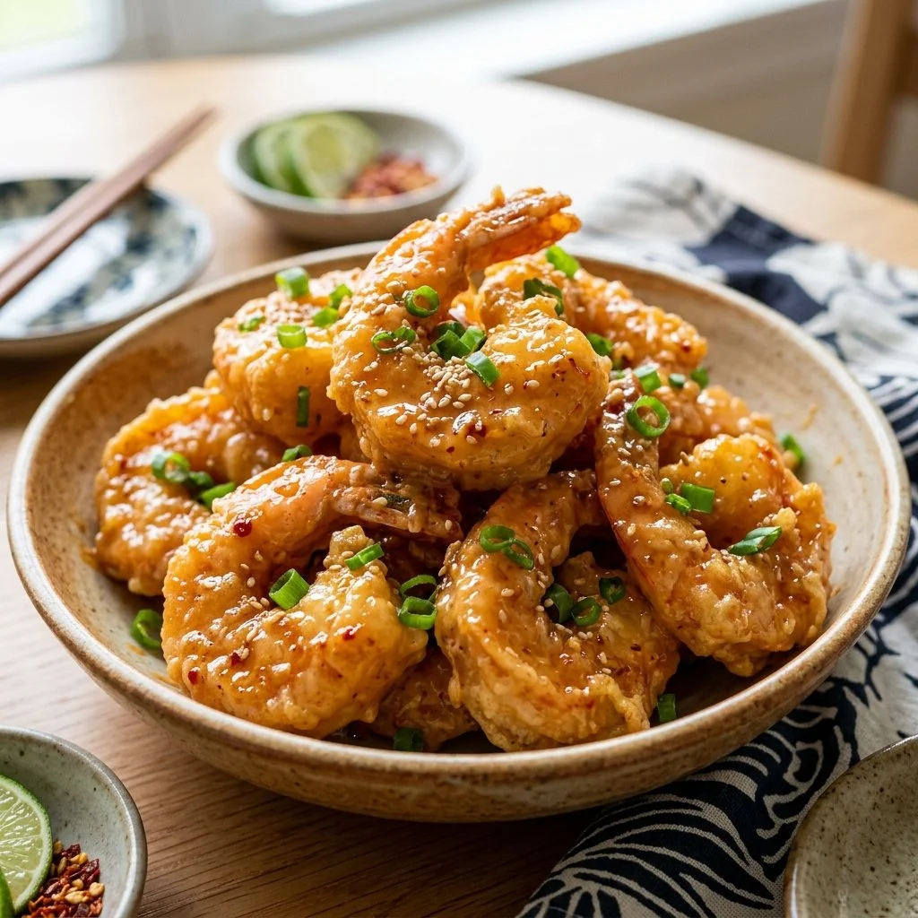 Crispy Bang Bang Shrimp served with a spicy sauce and garnished with scallions.