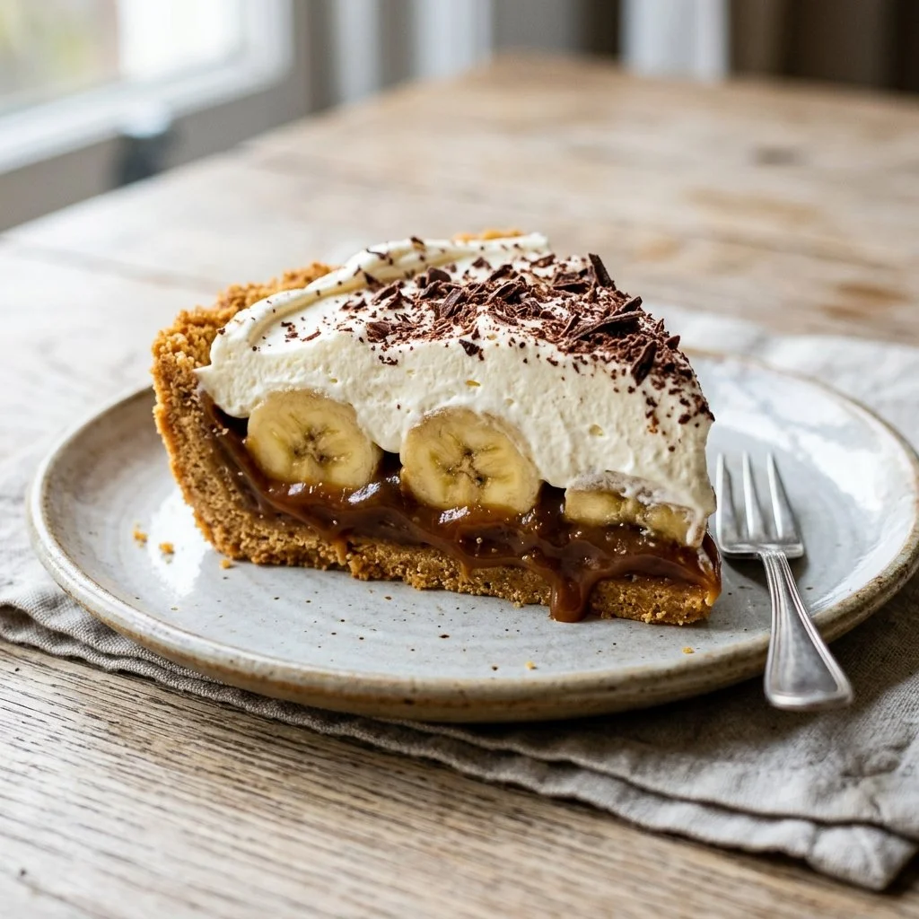 Delicious Banofee Pie with layers of bananas, toffee, and whipped cream