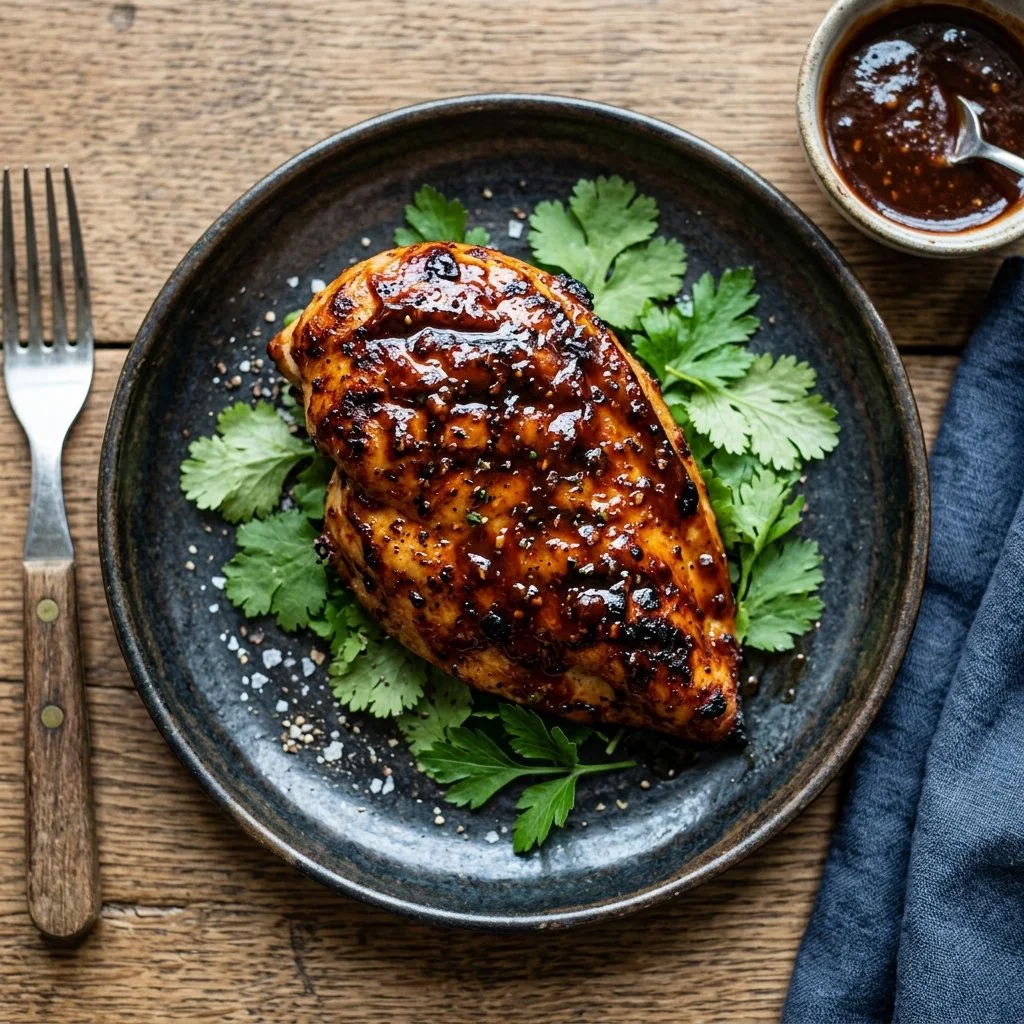 Delicious grilled BBQ chicken breasts served with a side of fresh vegetables.