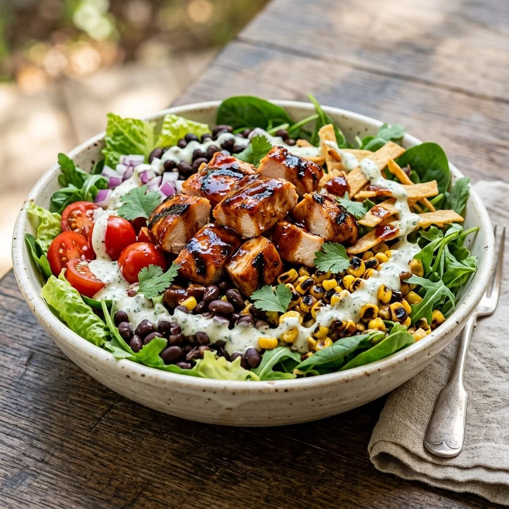 Colorful BBQ Chicken Salad with grilled chicken, greens, and dressing.