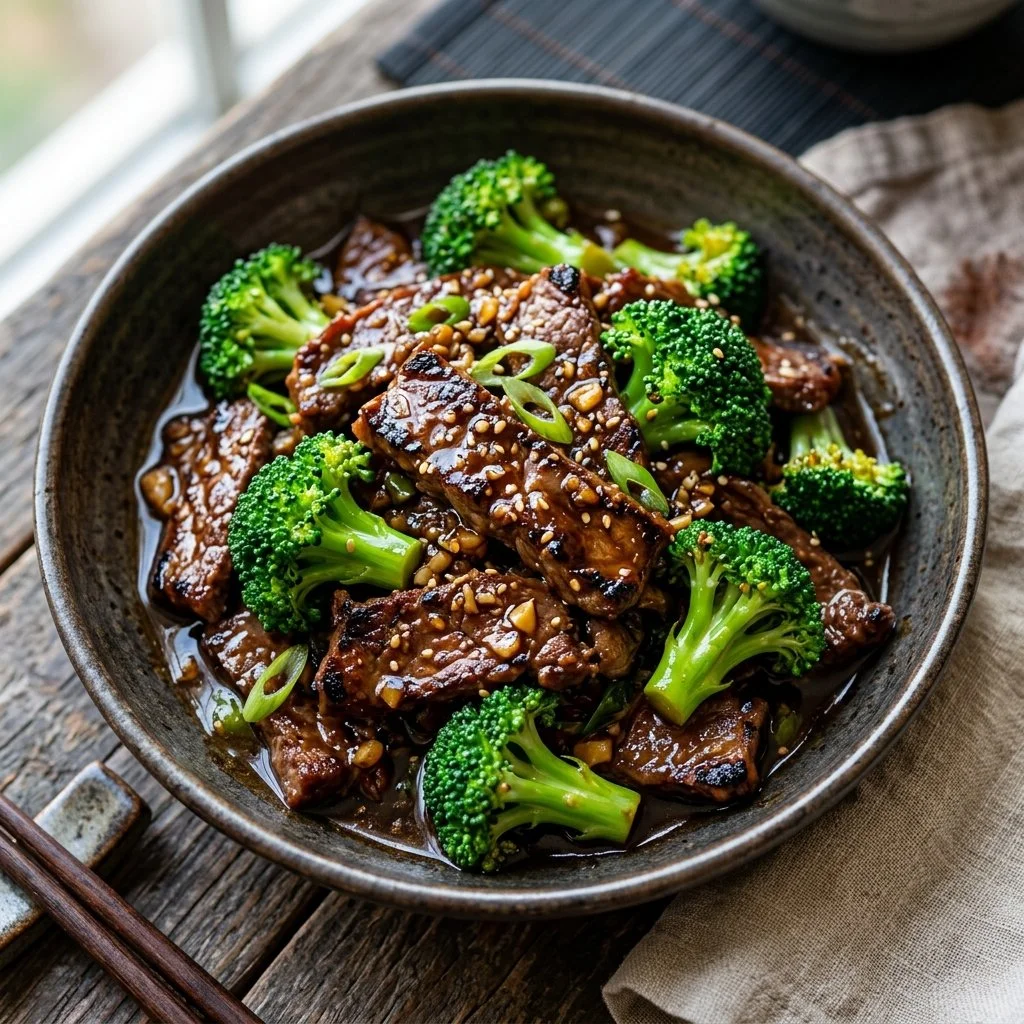 Delicious beef and broccoli stir-fry served on a plate with steamed rice.