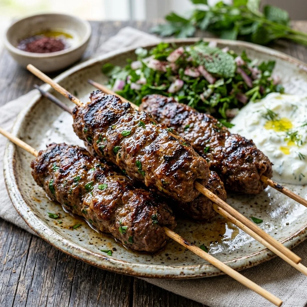 Delicious beef kofta kebabs served on a plate with fresh herbs