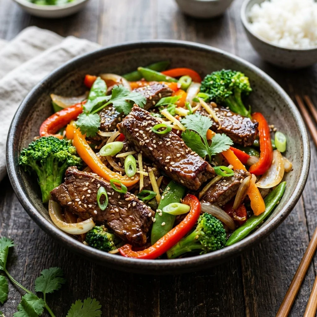 Delicious homemade beef stir fry with colorful vegetables.