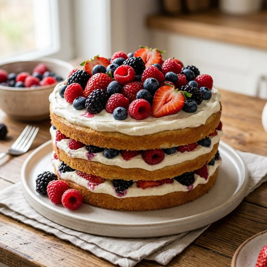 Delicious Berry Chantilly Cake with fresh berries and whipped frosting
