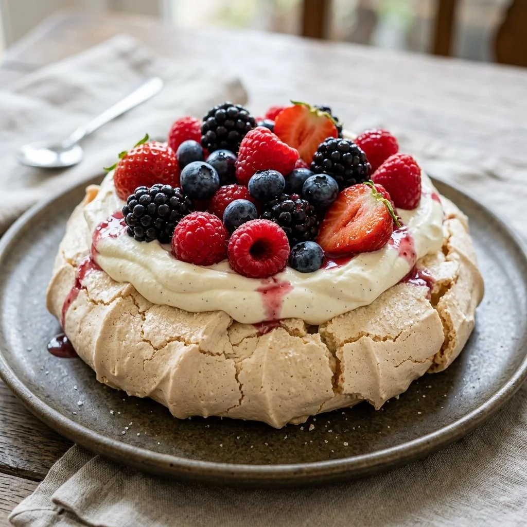 Delicious Berry Pavlova topped with fresh strawberries and blueberries